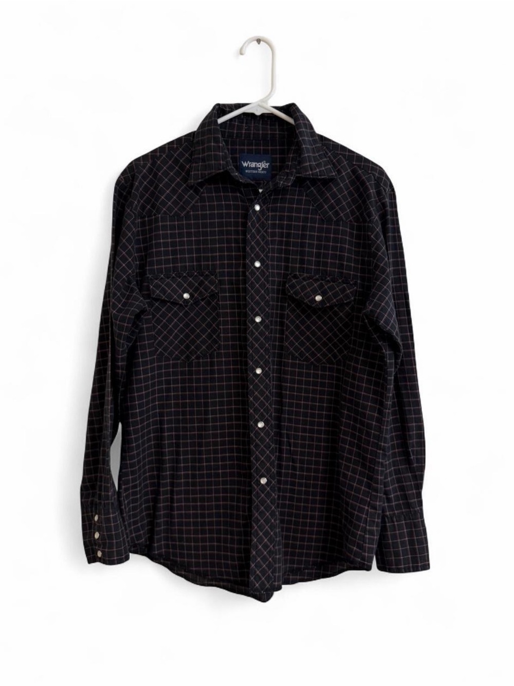 Wrangler Black Plaid Western Button-Down Shirt with Red Grid
